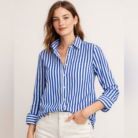 J. Crew Tops - J.Crew Blue White Striped Swiss Dot Button Down Shirt Size 4